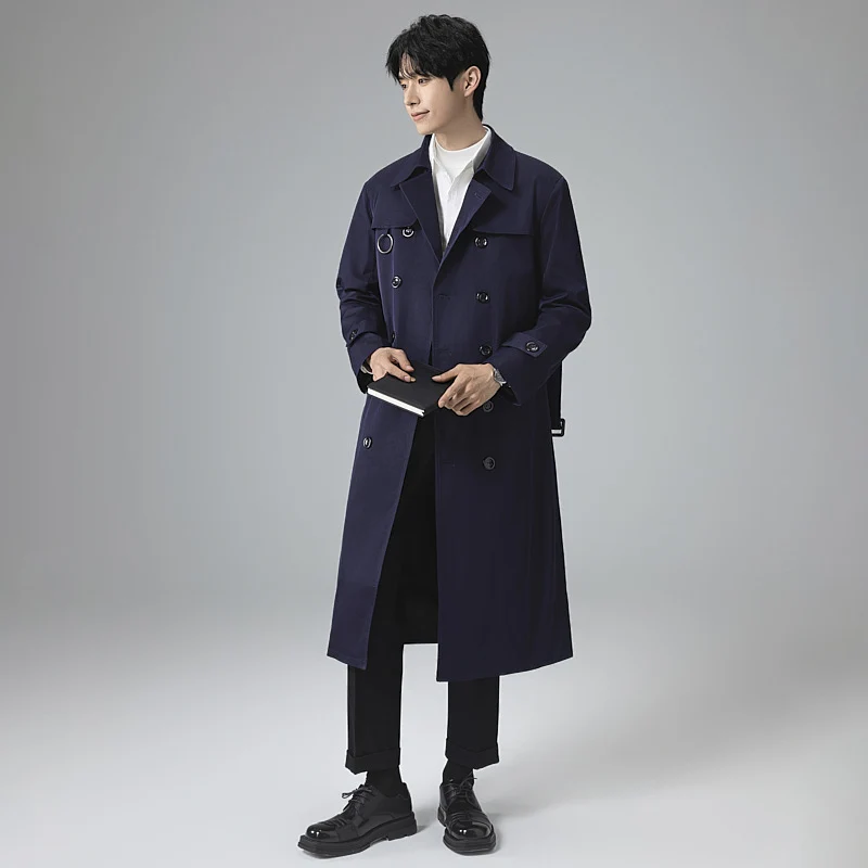 Herren Moderner Tech-Trenchcoat mit Doppelreihiger Knopfleiste, Bindegürtel und dezenten Ringdetails Drune
