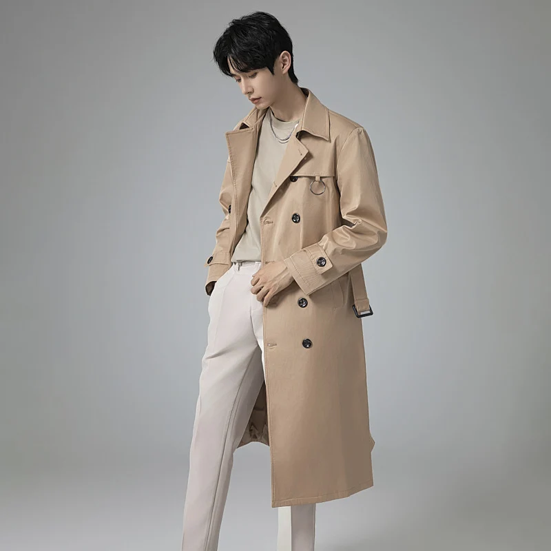 Herren Moderner Tech-Trenchcoat mit Doppelreihiger Knopfleiste, Bindegürtel und dezenten Ringdetails Drune
