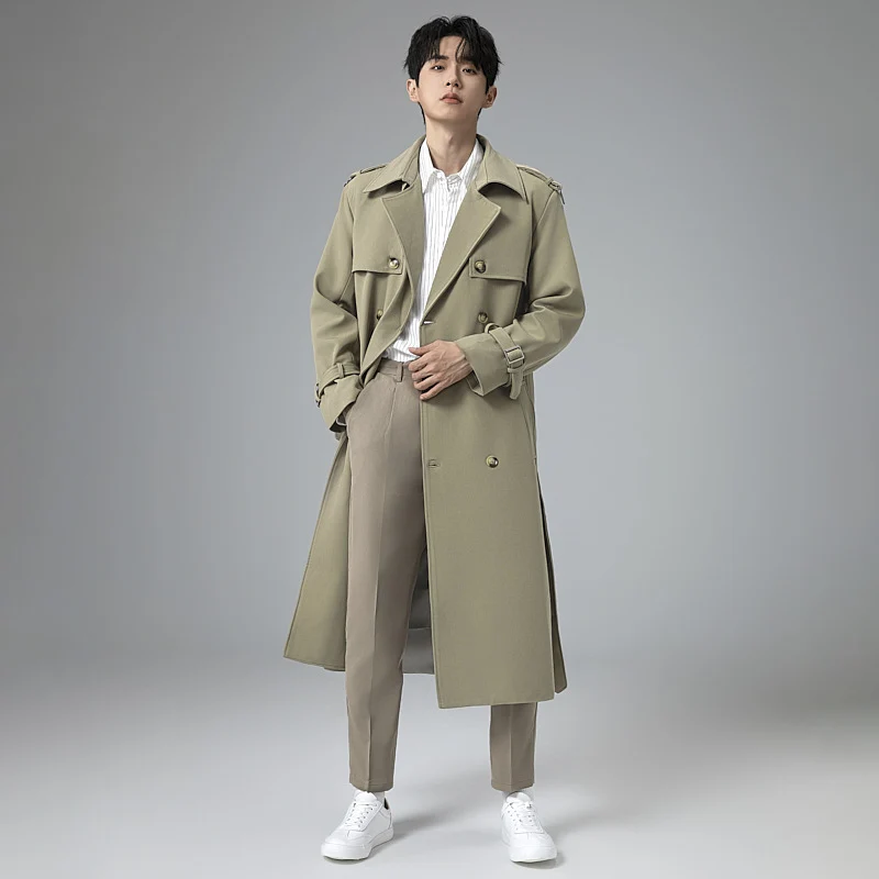 Herren Moderner Maxilanger Doppelreihiger Trenchcoat mit klassischem Revers und verstellbaren Manschetten Drune