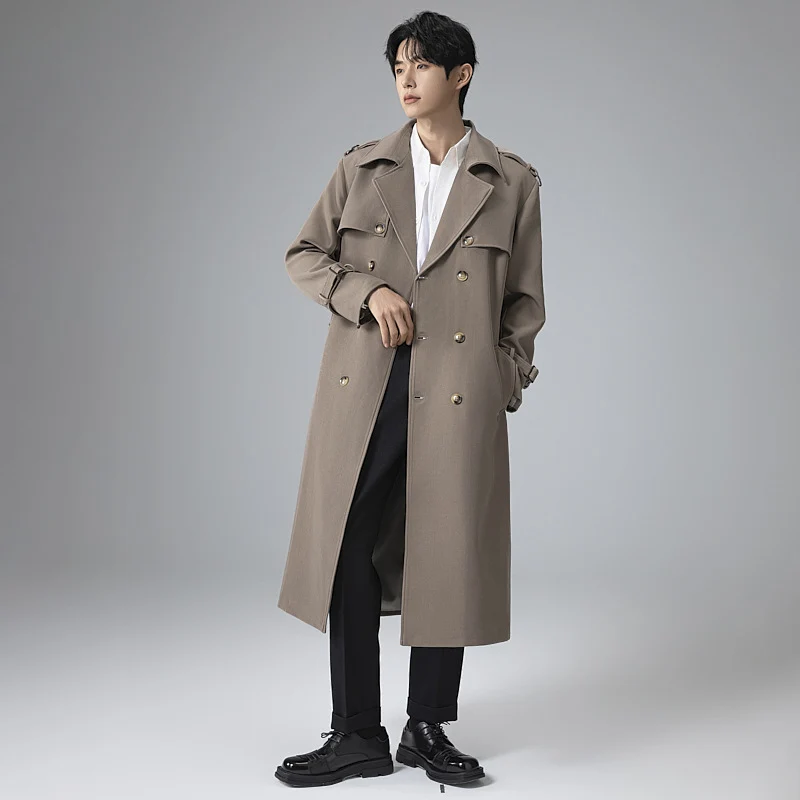 Herren Moderner Maxilanger Doppelreihiger Trenchcoat mit klassischem Revers und verstellbaren Manschetten Drune