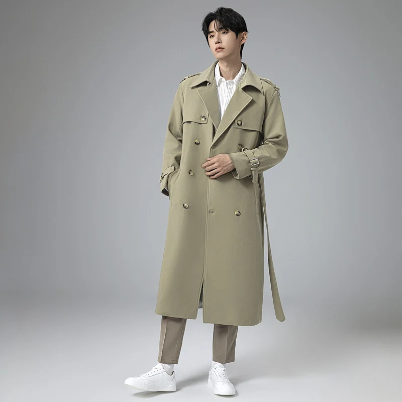 Herren Moderner Maxilanger Doppelreihiger Trenchcoat mit klassischem Revers und verstellbaren Manschetten Drune
