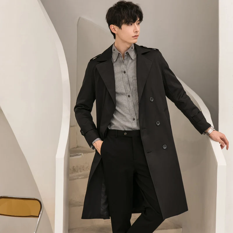 Herren Moderner leichter Trenchcoat mit Doppelreihe Taillengürtel und Schulterpatten Drune