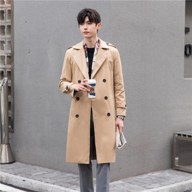 Herren Moderner leichter Trenchcoat mit Doppelreihe Taillengürtel und Schulterpatten Drune