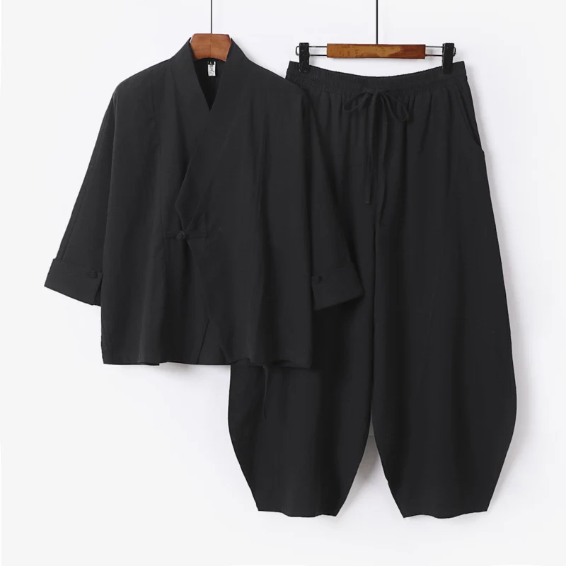 Herren Minimalistisches Kimono-Lounge-Set aus atmungsaktivem Baumwollmix mit ballonförmiger Bundhose Drune