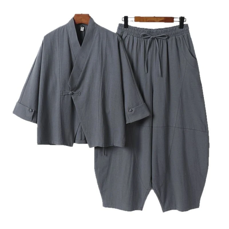 Herren Minimalistisches Kimono-Lounge-Set aus atmungsaktivem Baumwollmix mit ballonförmiger Bundhose Drune