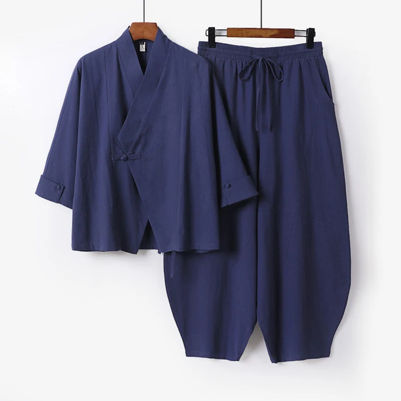 Herren Minimalistisches Kimono-Lounge-Set aus atmungsaktivem Baumwollmix mit ballonförmiger Bundhose Drune