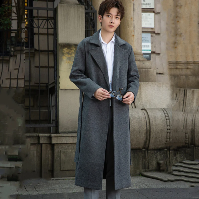 Herren Maxilanger Wollmix-Übermantel mit minimalistischer Silhouette und verdeckter Knopfleiste Drune