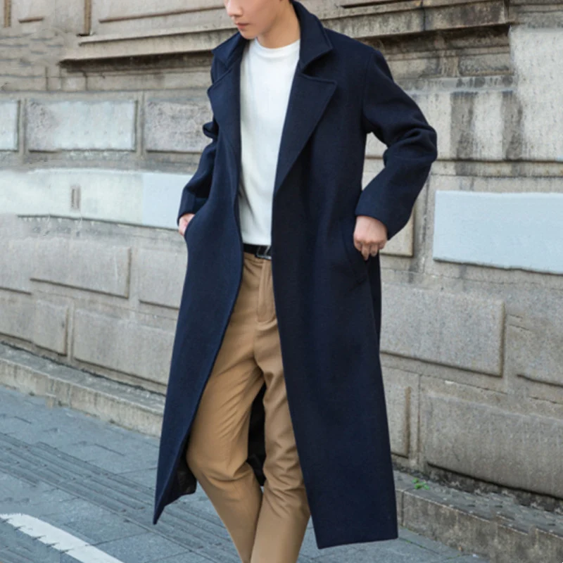 Herren Maxilanger Wollmix-Übermantel mit minimalistischer Silhouette und verdeckter Knopfleiste Drune