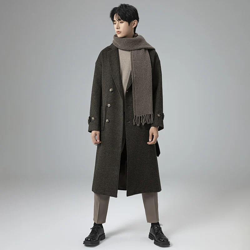 Herren Maxilanger Wollmix-Mantel im Tweed-Look mit Oversize-Schnitt, Doppelreihe und Bindegürtel Drune