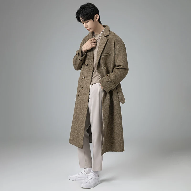 Herren Maxilanger Wollmix-Mantel im Tweed-Look mit Oversize-Schnitt, Doppelreihe und Bindegürtel Drune