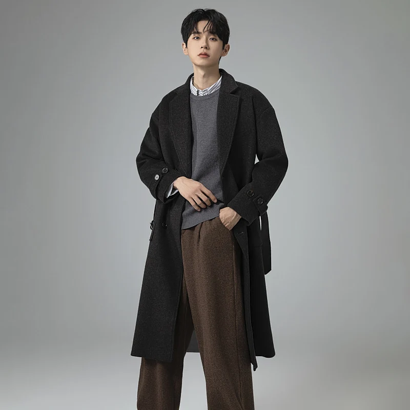Herren Maxilanger Wollmix-Mantel im Tweed-Look mit Oversize-Schnitt, Doppelreihe und Bindegürtel Drune