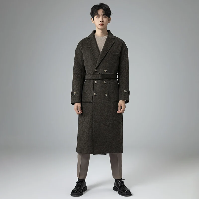 Herren Maxilanger Wollmix-Mantel im Tweed-Look mit Oversize-Schnitt, Doppelreihe und Bindegürtel Drune