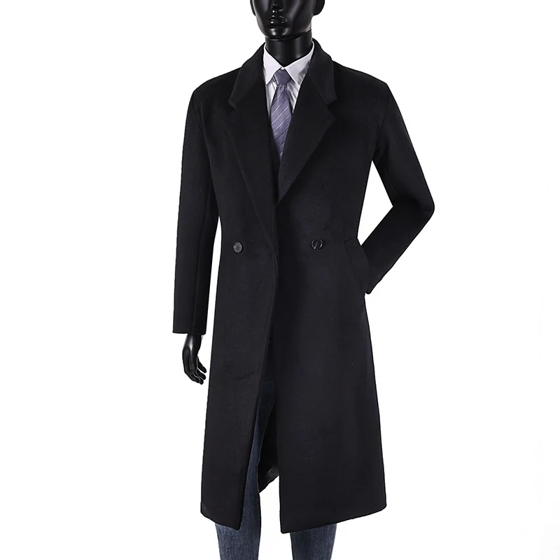 Herren Maxilanger Wollmantel im minimalistischen Schnitt mit schmalem Revers und seitlichen Eingrifftaschen Drune
