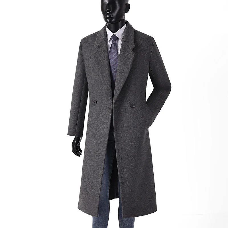 Herren Maxilanger Wollmantel im minimalistischen Schnitt mit schmalem Revers und seitlichen Eingrifftaschen Drune