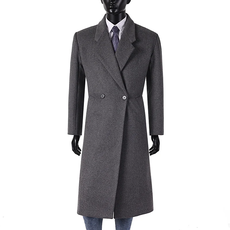Herren Maxilanger Wollmantel im minimalistischen Schnitt mit schmalem Revers und seitlichen Eingrifftaschen Drune