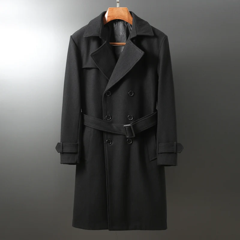 Herren Maxilanger Woll-Mantel im Trench-Look mit doppelreihiger Knopfleiste und Bindegürtel Drune