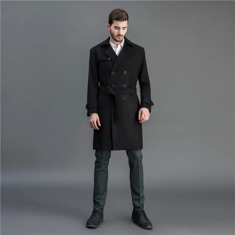 Herren Maxilanger Woll-Mantel im Trench-Look mit doppelreihiger Knopfleiste und Bindegürtel Drune