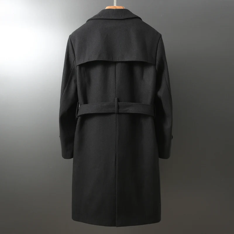 Herren Maxilanger Woll-Mantel im Trench-Look mit doppelreihiger Knopfleiste und Bindegürtel Drune
