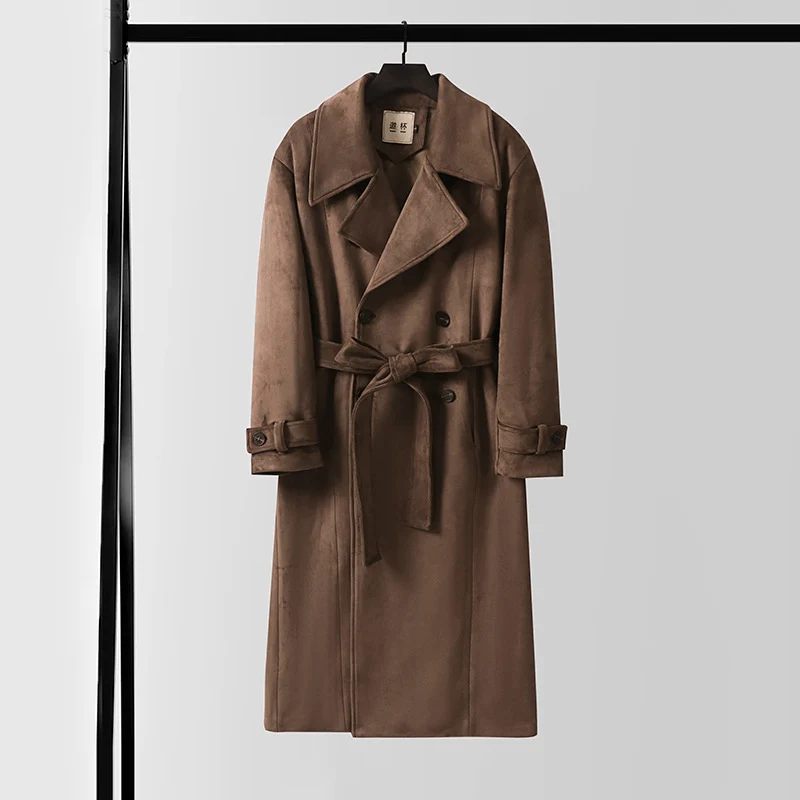 Herren Maxilanger Velours-Mantel im Trench-Look mit breitem Revers und Bindegürtel Drune
