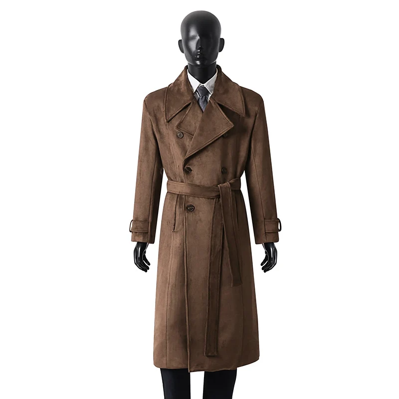 Herren Maxilanger Velours-Mantel im Trench-Look mit breitem Revers und Bindegürtel Drune
