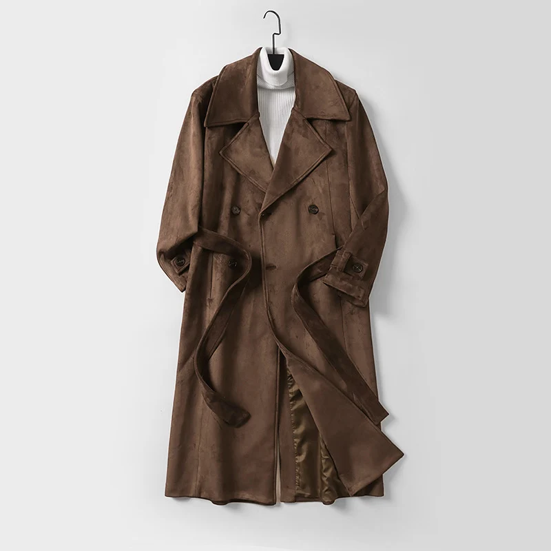Herren Maxilanger Velours-Mantel im Trench-Look mit breitem Revers und Bindegürtel Drune