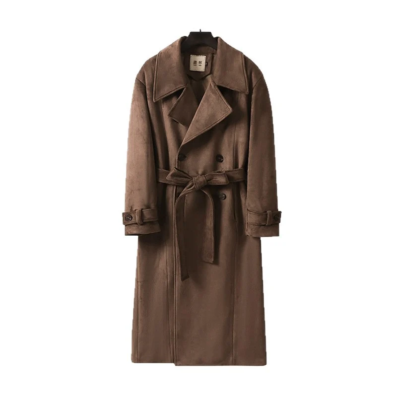 Herren Maxilanger Velours-Mantel im Trench-Look mit breitem Revers und Bindegürtel Drune