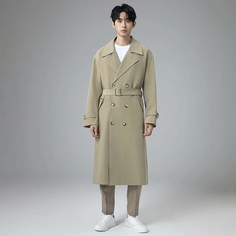 Herren Maxilanger Trenchmantel mit taillierendem Gürtel und minimalistischer Silhouette Drune