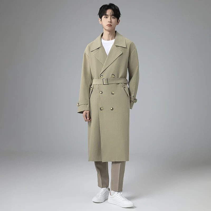 Herren Maxilanger Trenchmantel mit taillierendem Gürtel und minimalistischer Silhouette Drune