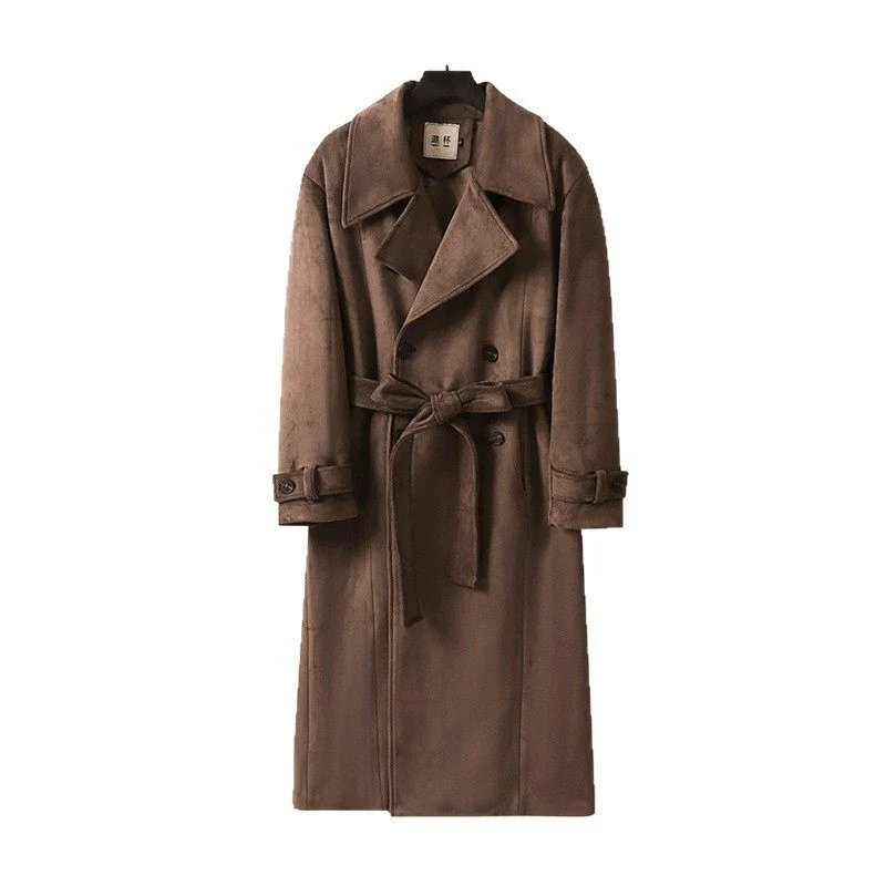 Herren Maxilanger Trenchcoat aus Velourslederoptik mit Doppelreihe und Taillenband Drune