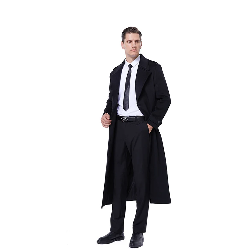Herren Maxilanger Mantel aus Wollmix mit Bindegürtel, Epauletten und klassischem Revers Drune