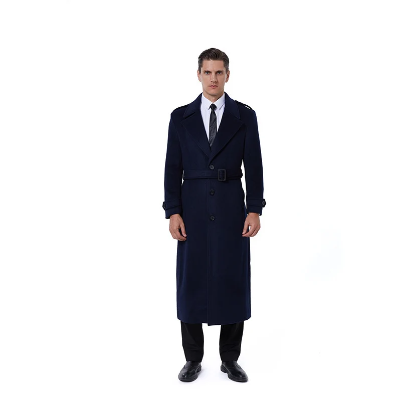 Herren Maxilanger Mantel aus Wollmix mit Bindegürtel, Epauletten und klassischem Revers Drune