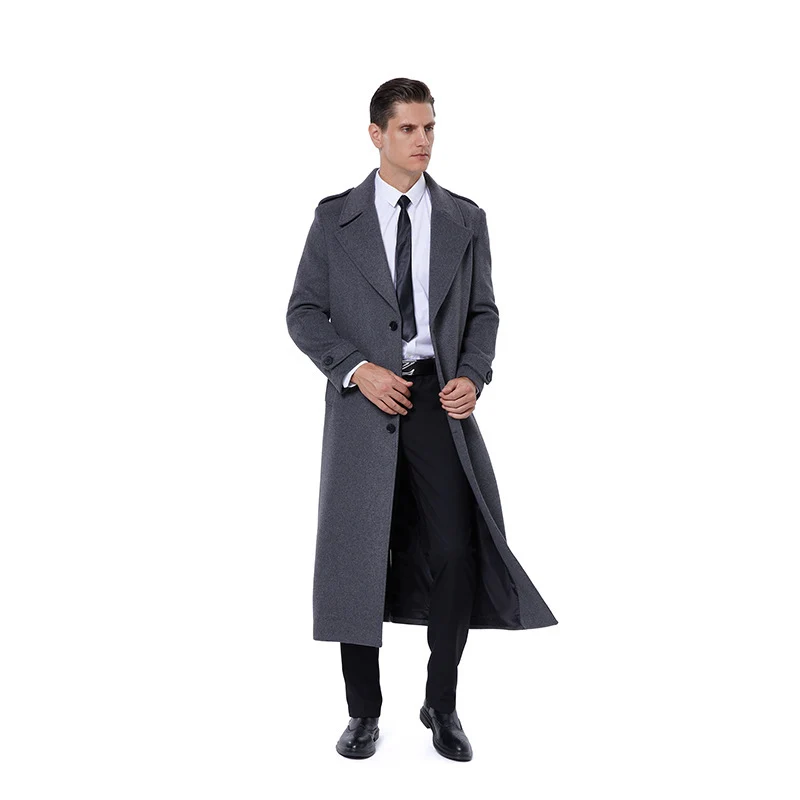Herren Maxilanger Mantel aus Wollmix mit Bindegürtel, Epauletten und klassischem Revers Drune