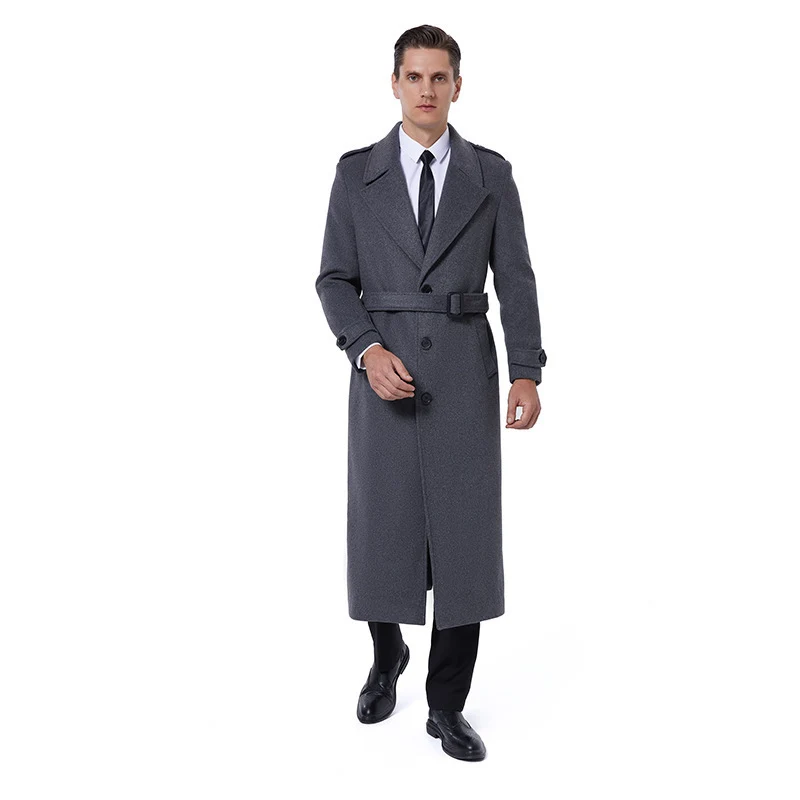 Herren Maxilanger Mantel aus Wollmix mit Bindegürtel, Epauletten und klassischem Revers Drune