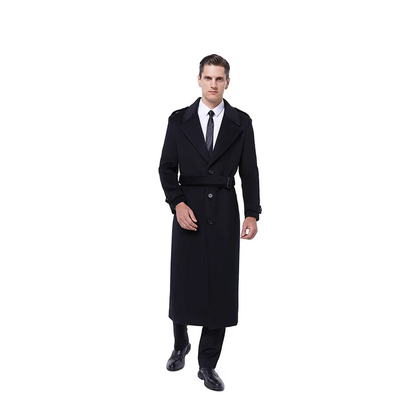 Herren Maxilanger Mantel aus Wollmix mit Bindegürtel, Epauletten und klassischem Revers Drune