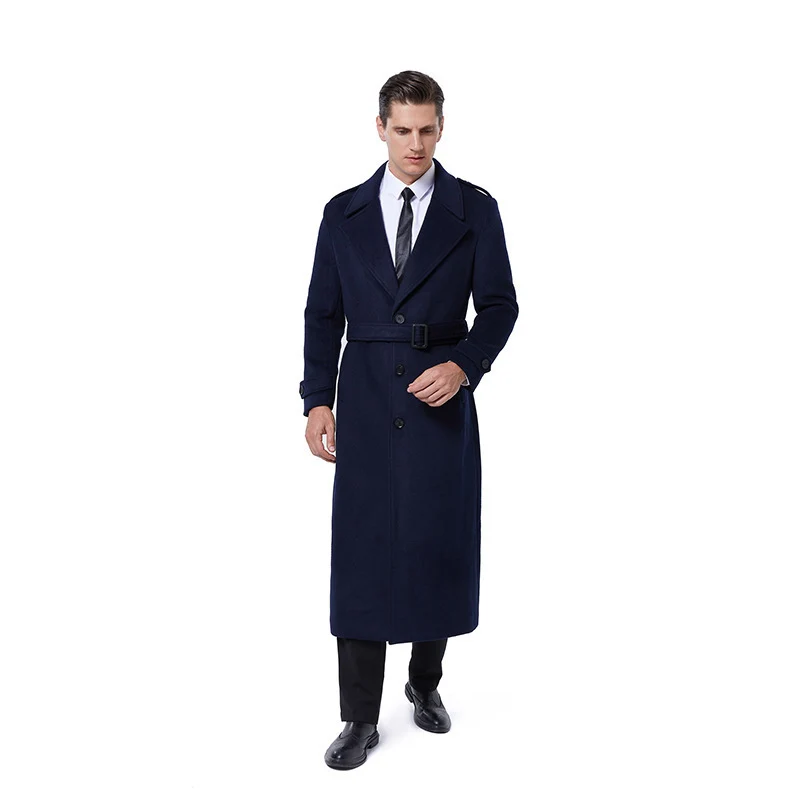 Herren Maxilanger Mantel aus Wollmix mit Bindegürtel, Epauletten und klassischem Revers Drune