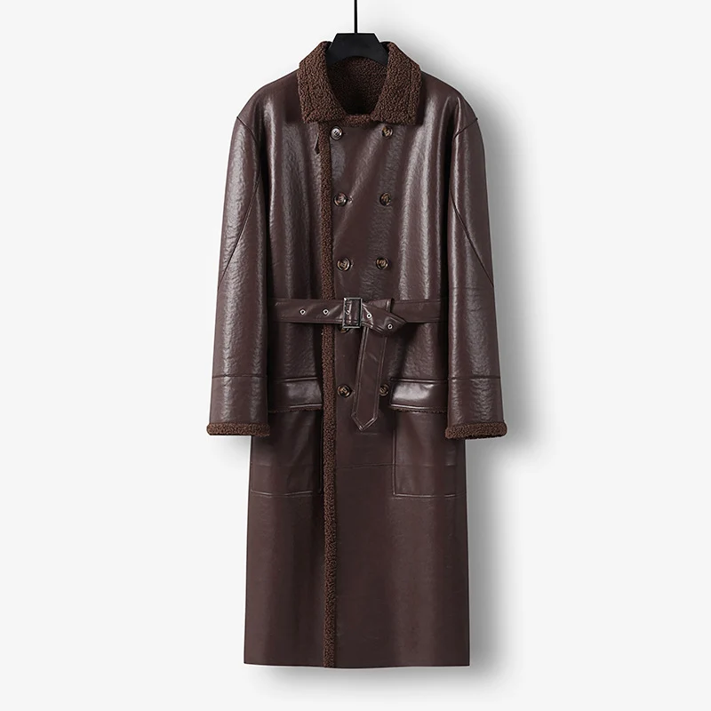 Herren Maxilanger Lederimitat-Mantel mit Teddyfutter, doppelreihiger Knopfleiste und Taillengürtel Drune