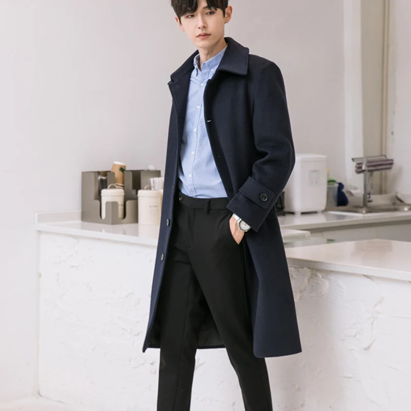 Herren Longline-Wollmix-Mantel mit verdeckter Knopfleiste und Schalkragen Drune