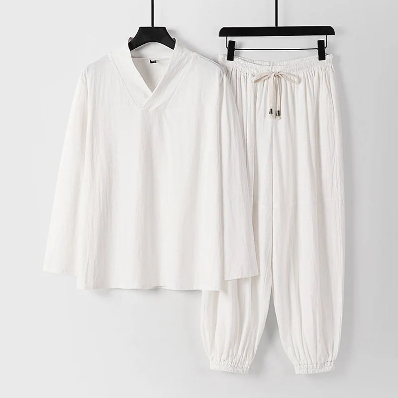 Herren Lockeres Leinen-Loungewear-Set mit V-Ausschnitt elastischem Bund und gerafften Knöcheln Drune