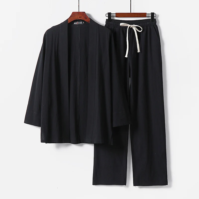 Herren Lockeres Kimono-Loungewear-Set aus leichter Baumwollmischung mit elastischer Kordelhose Drune