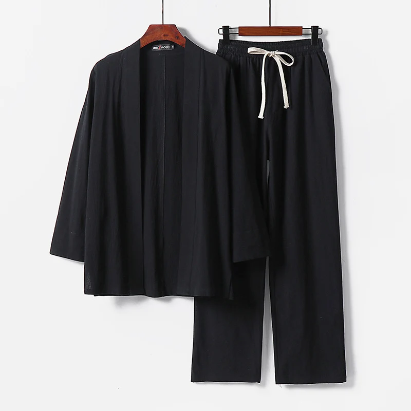 Herren Lockeres Kimono-Loungewear-Set aus leichter Baumwollmischung mit elastischer Kordelhose Drune