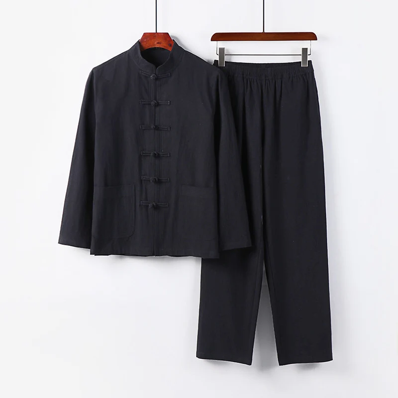 Herren Lockeres Hanfu-inspiriertes Freizeit-Set mit Stehkragen und Knotenverschlüssen Drune
