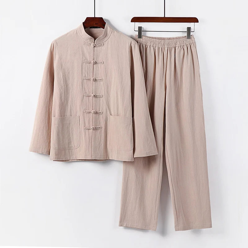 Herren Lockeres Hanfu-inspiriertes Freizeit-Set mit Stehkragen und Knotenverschlüssen Drune