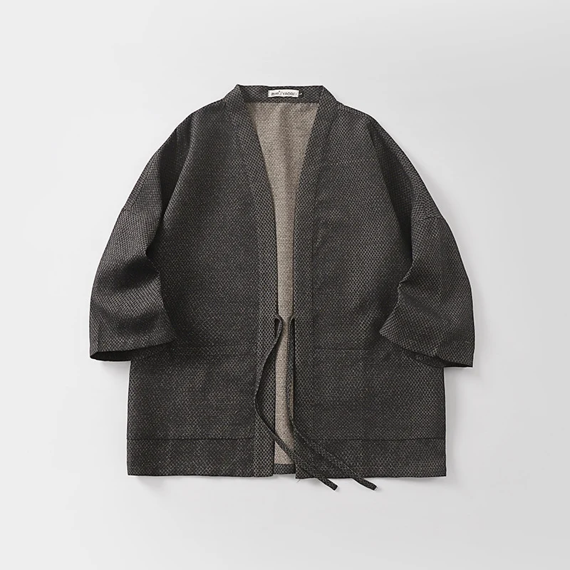 Herren Lockerer Kimono-Cardigan aus strukturierter Baumwollmischung mit kurzem Ärmel und Bindeband Drune