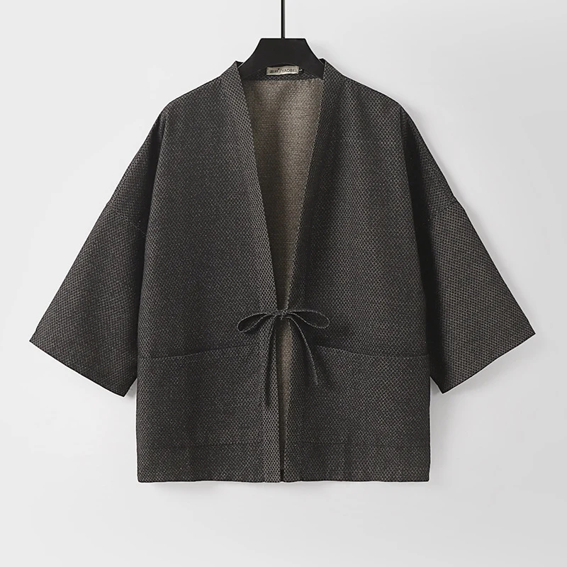 Herren Lockerer Kimono-Cardigan aus strukturierter Baumwollmischung mit kurzem Ärmel und Bindeband Drune