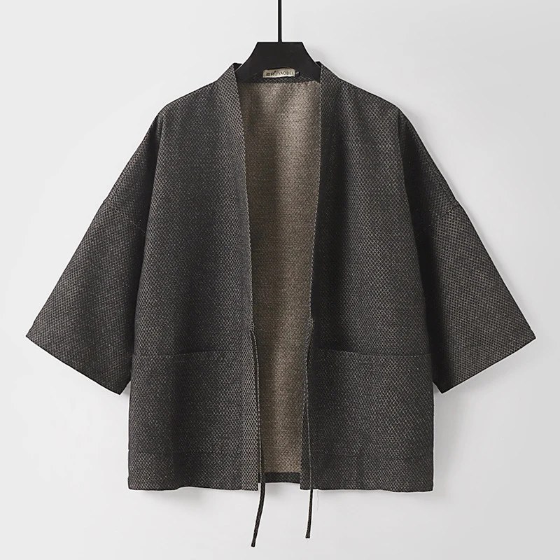 Herren Lockerer Kimono-Cardigan aus strukturierter Baumwollmischung mit kurzem Ärmel und Bindeband Drune
