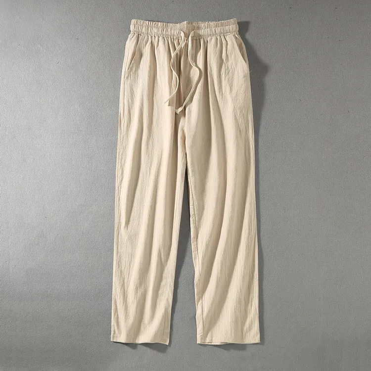 Herren Leinenhose mit elastischem Bund und Tunnelzug geradem Bein Drune