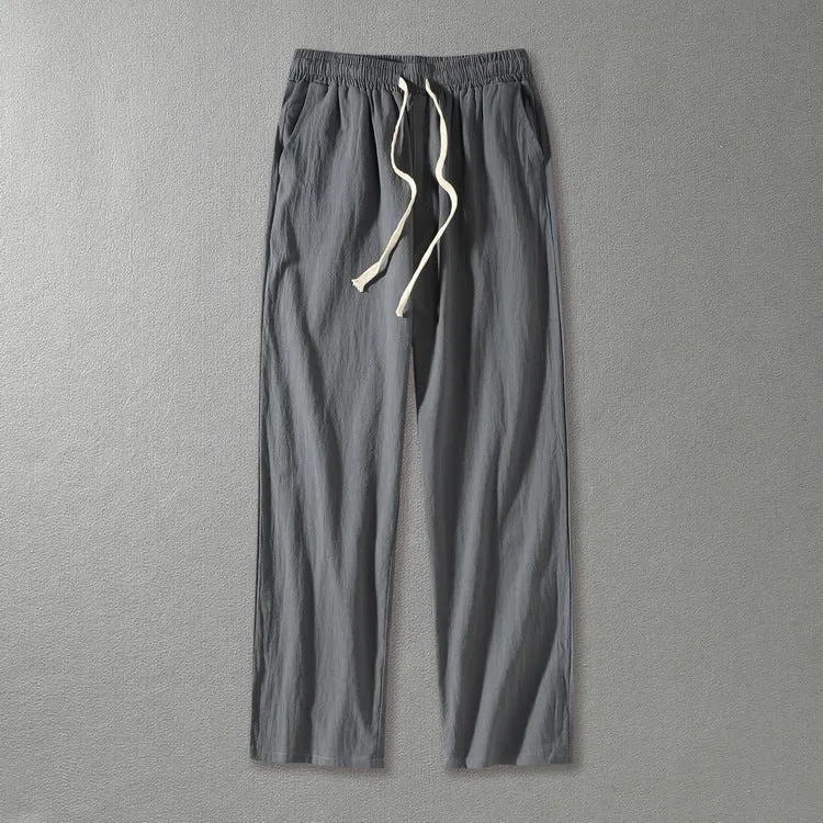 Herren Leinenhose mit elastischem Bund und Tunnelzug geradem Bein Drune