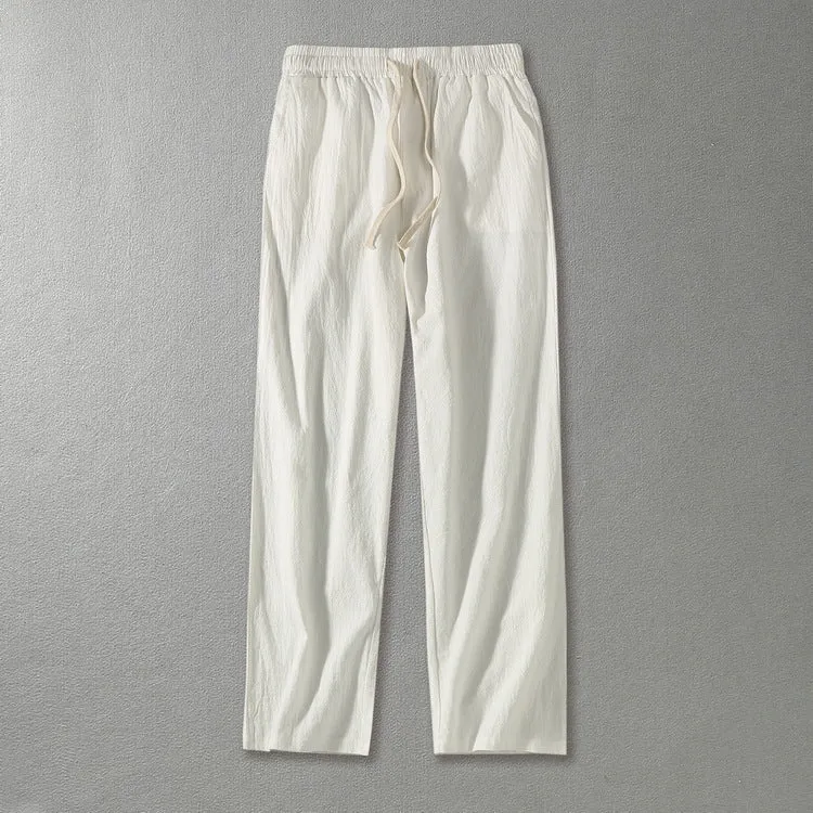 Herren Leinenhose mit elastischem Bund und Tunnelzug geradem Bein Drune