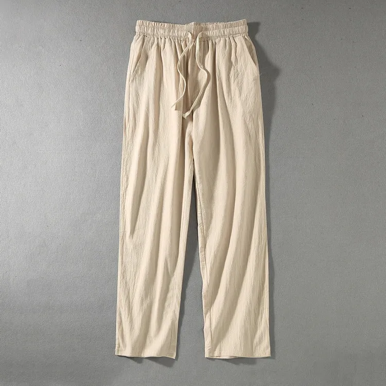 Herren Leinenhose mit elastischem Bund und Tunnelzug geradem Bein Drune