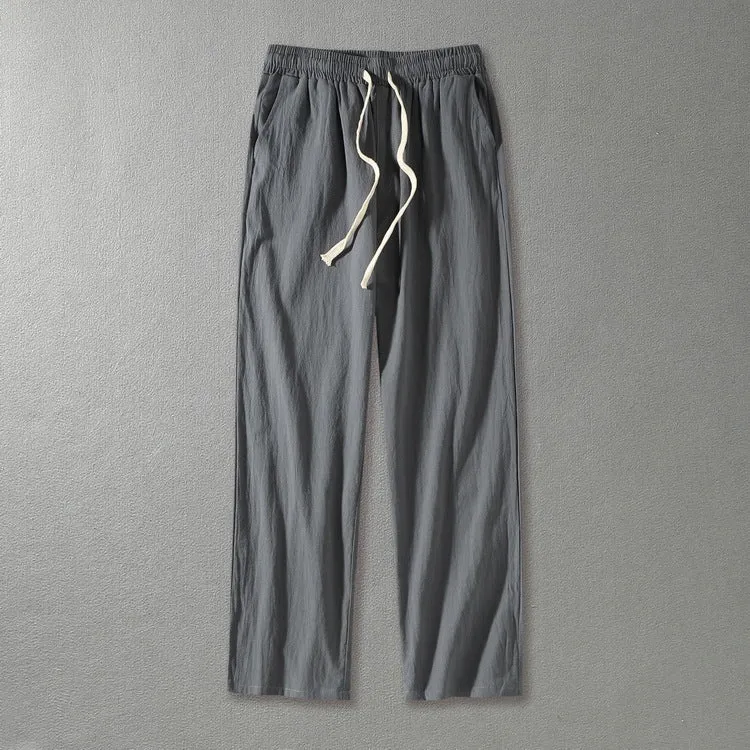 Herren Leinenhose mit elastischem Bund und Tunnelzug geradem Bein Drune